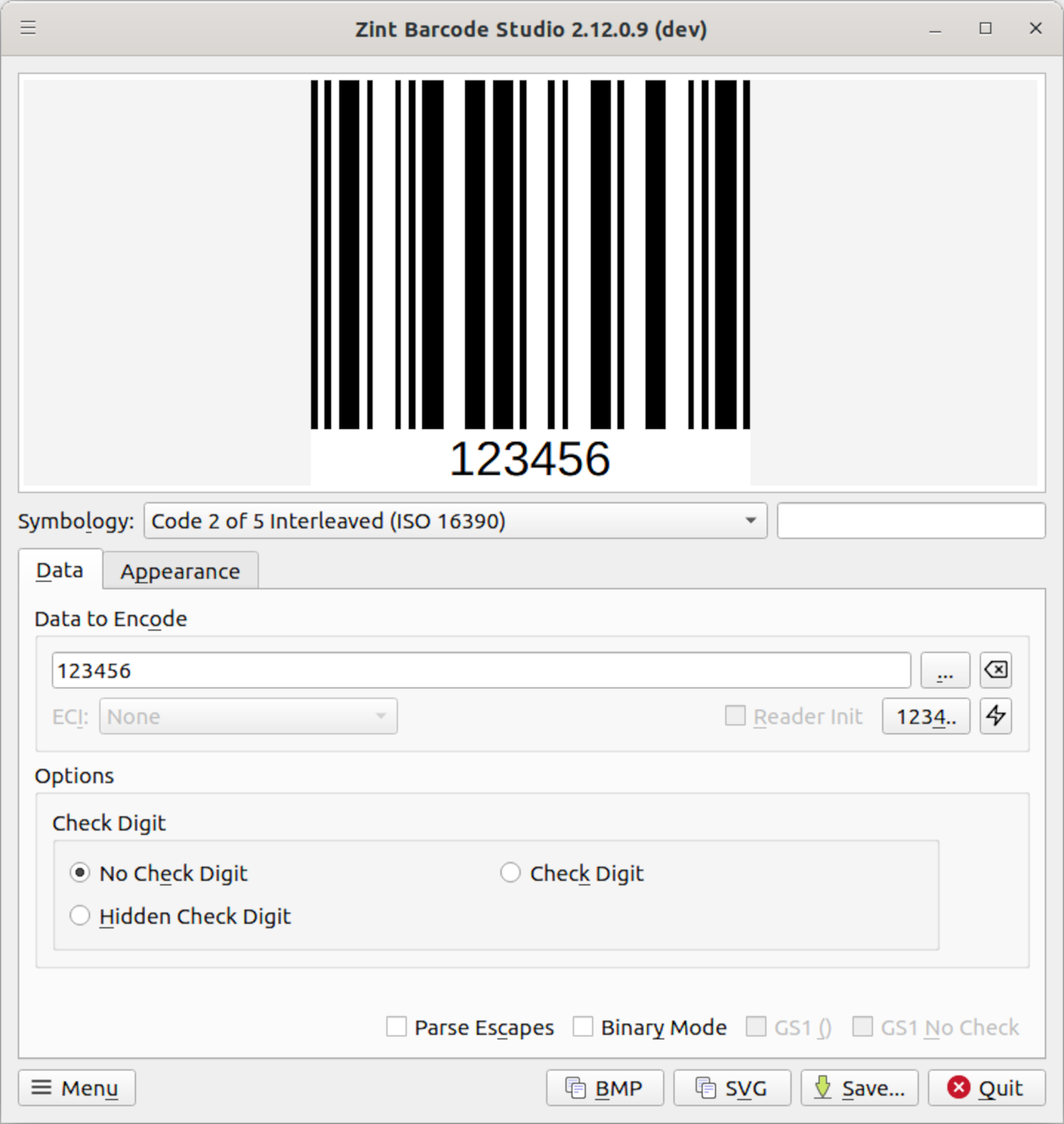 Zint Barcode Studio showing Code 2 of 5 Interleaved settings