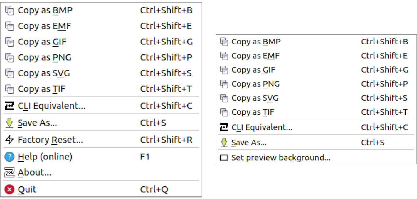 Zint Barcode Studio main menu (left) and context menu (right)