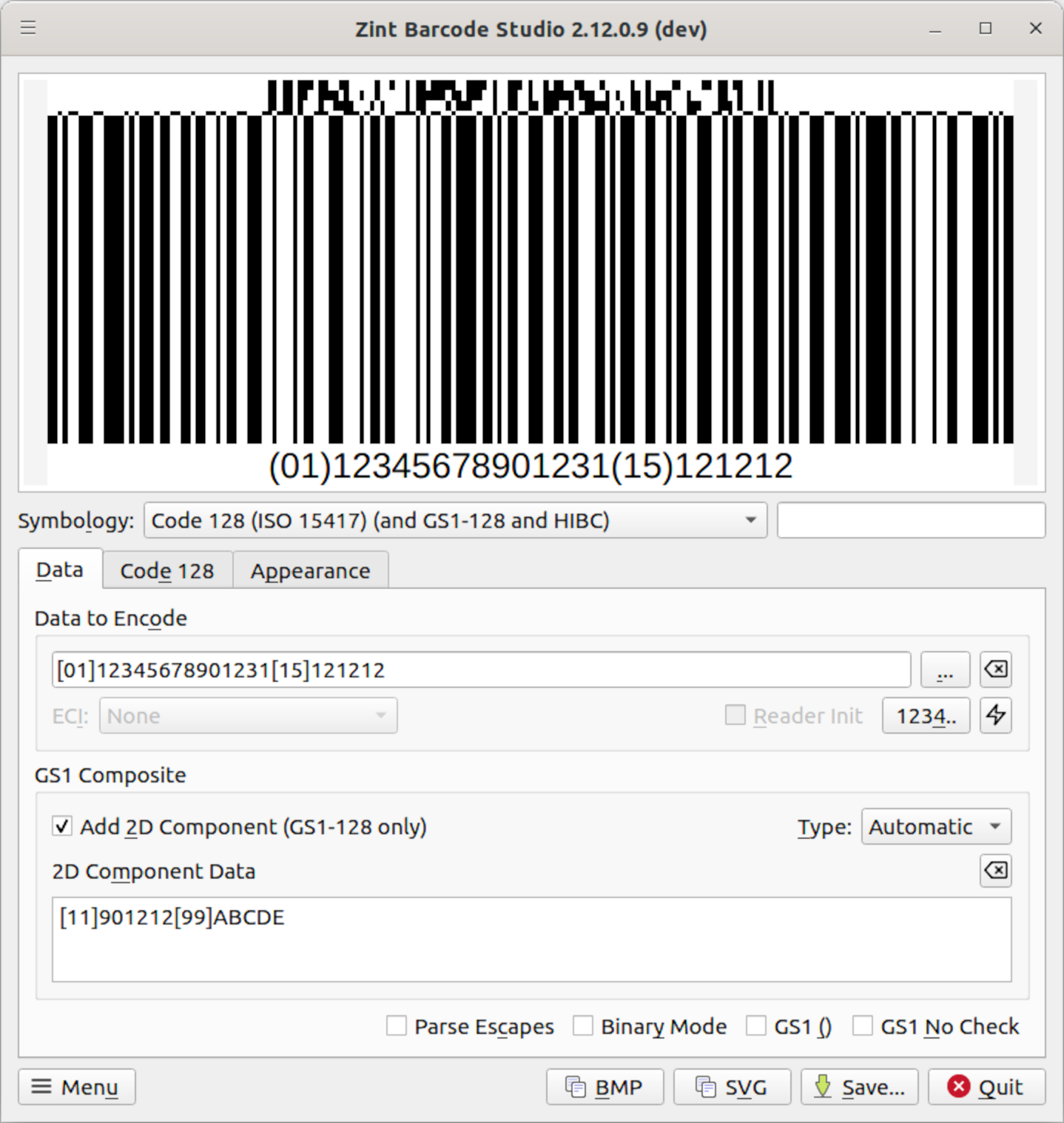 Zint Barcode Studio encoding GS1 Composite data