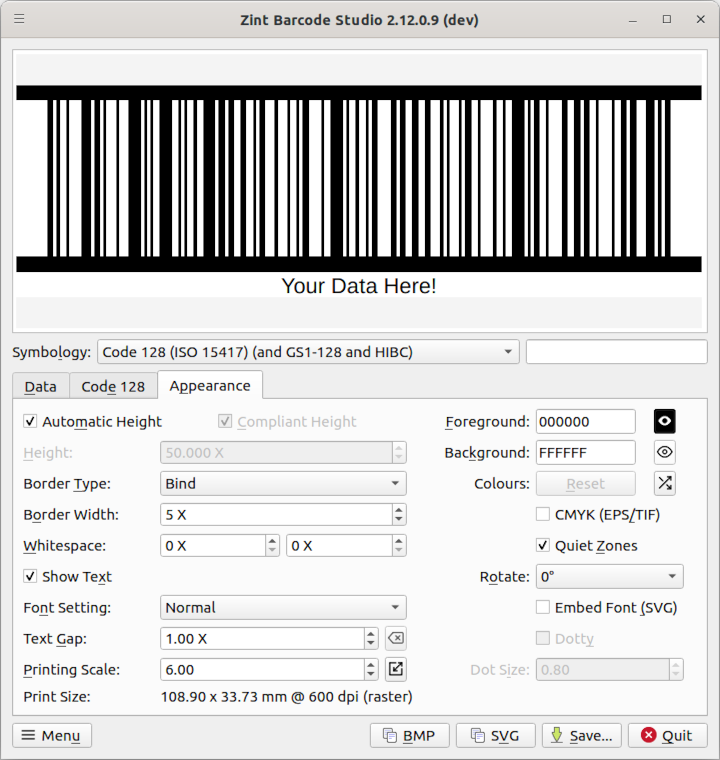 Zint Barcode Studio showing Appearance tab options