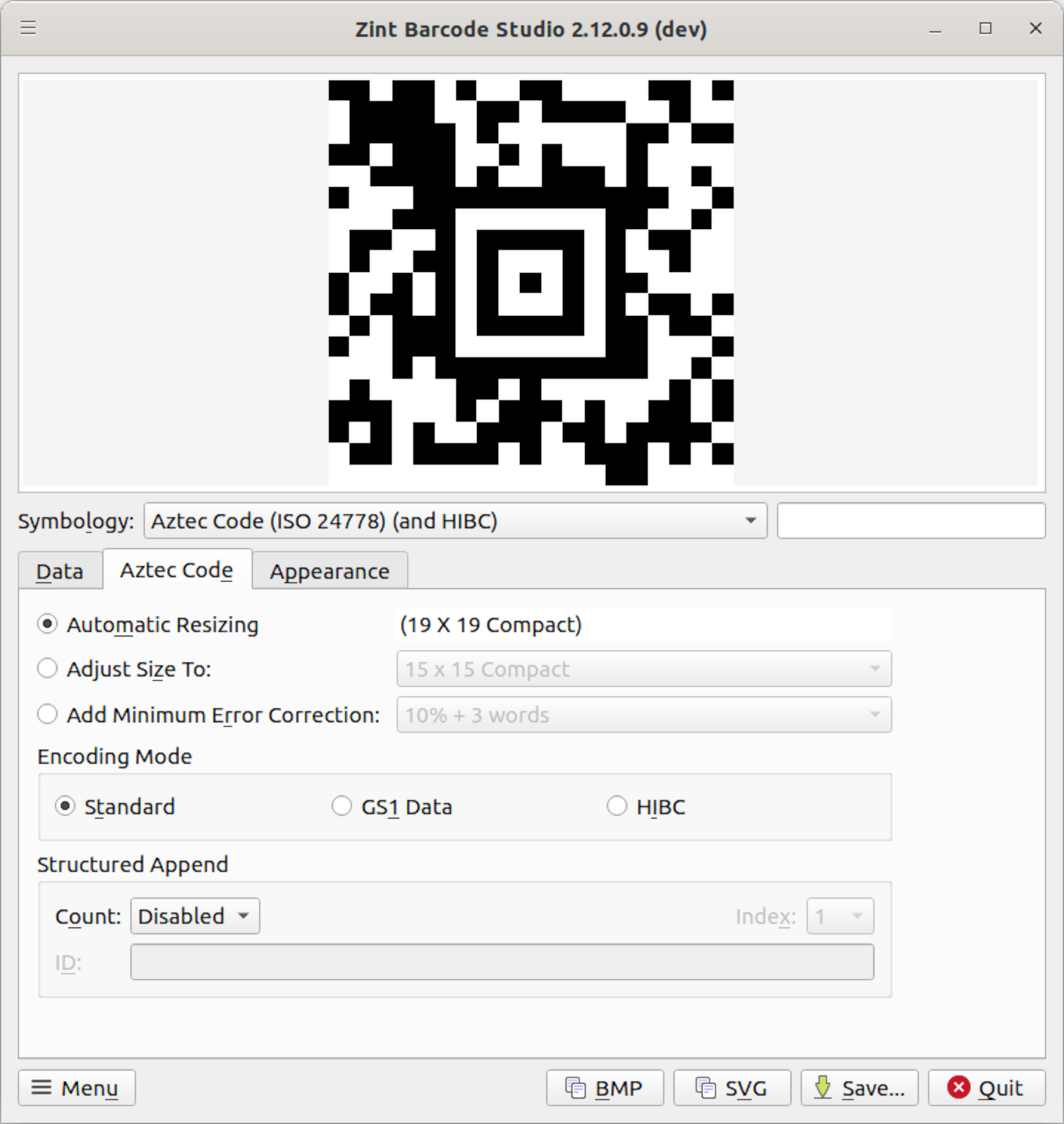 Zint Barcode Studio showing Aztec Code options