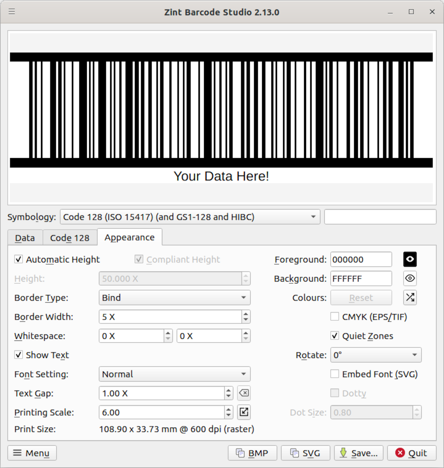 Zint Barcode Studio showing Appearance tab options