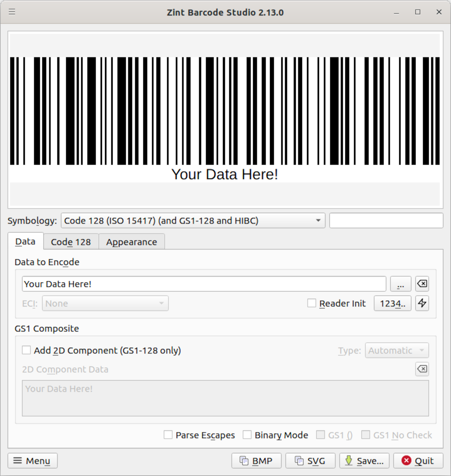 Zint Barcode Studio on startup - main window with Data tab