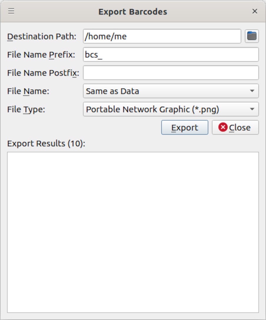 Setting filenames for an exported sequence of barcode symbols