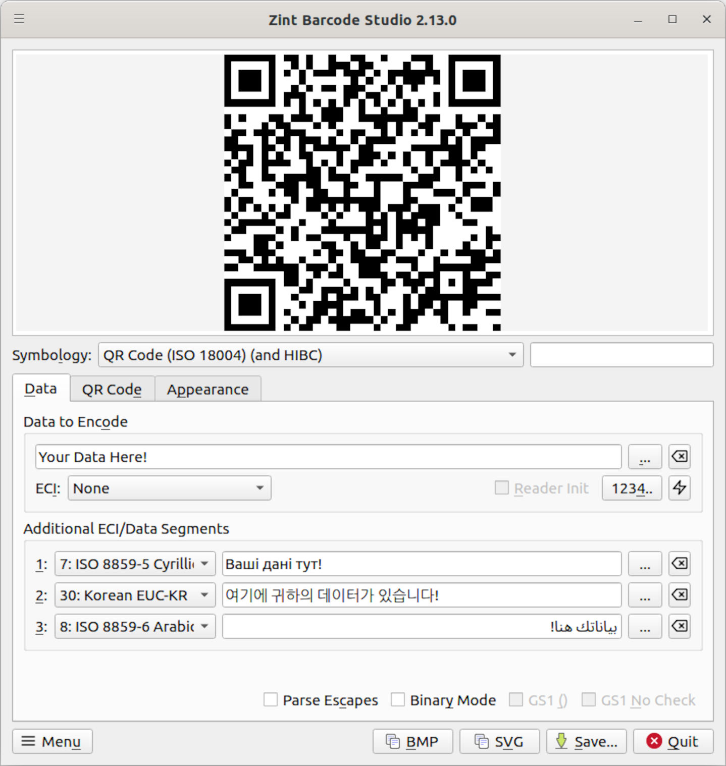 Zint Barcode Studio encoding multiple segments