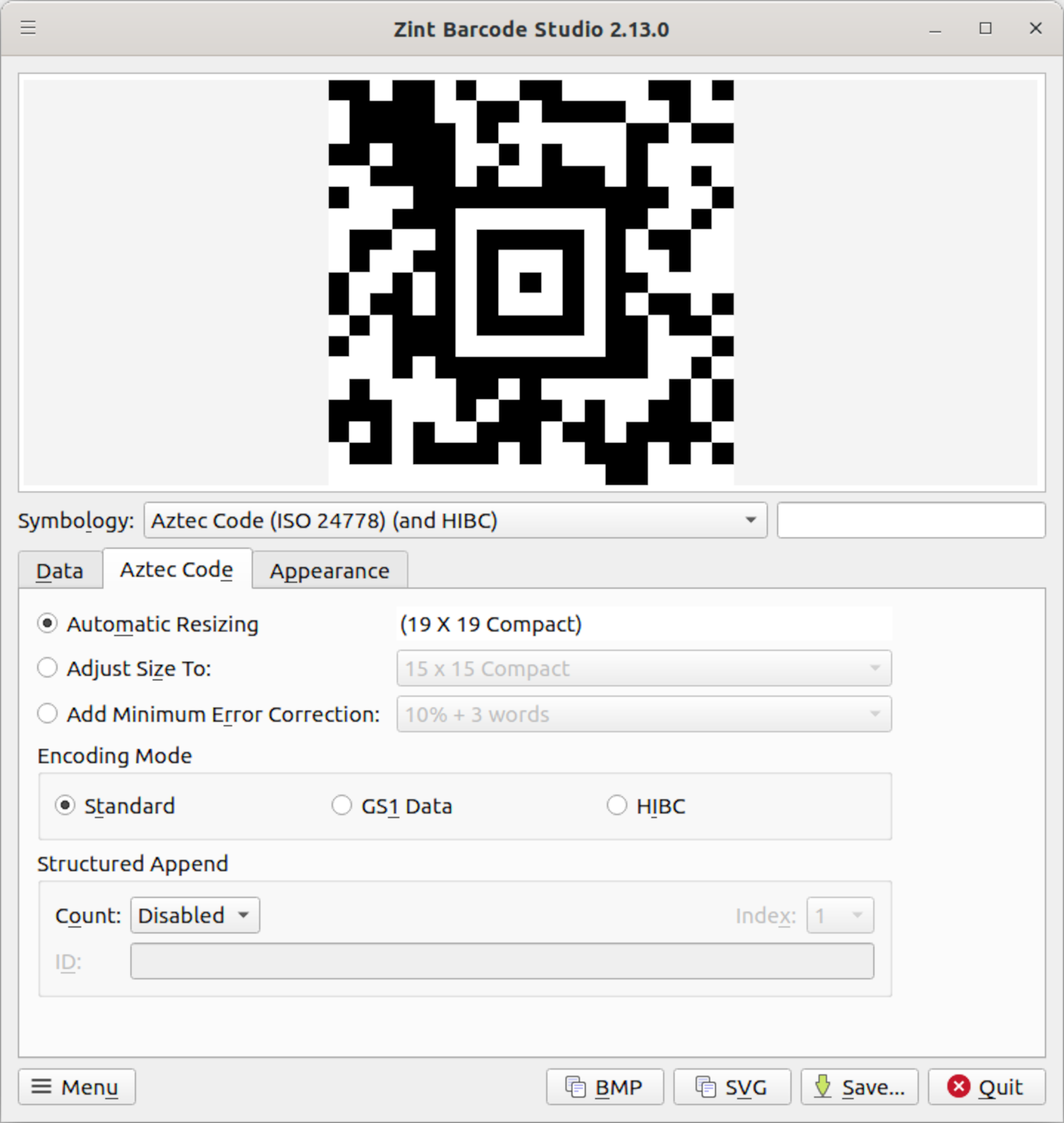 Zint Barcode Studio showing Aztec Code options