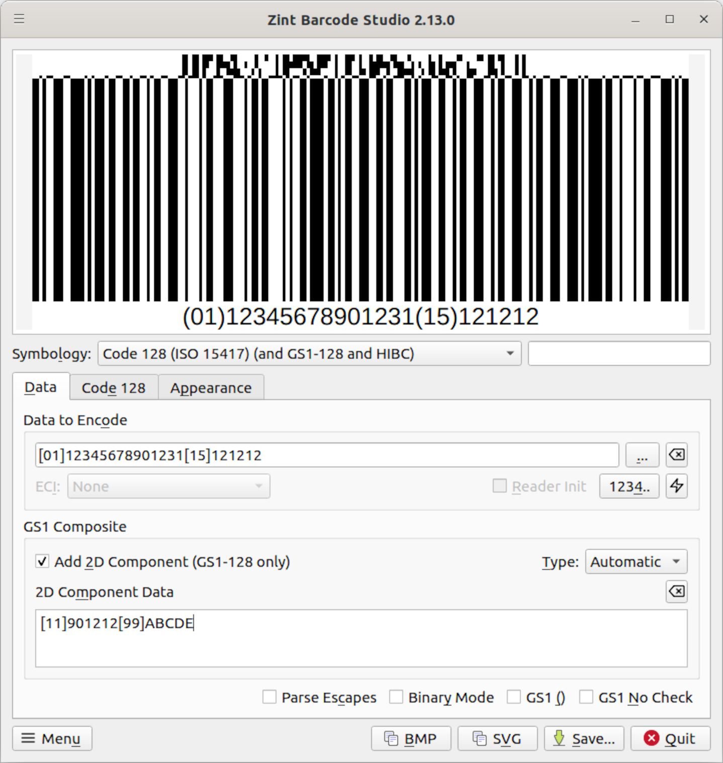 Zint Barcode Studio encoding GS1 Composite data