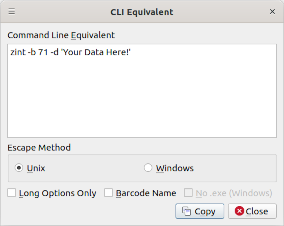 CLI Equivalent Dialog