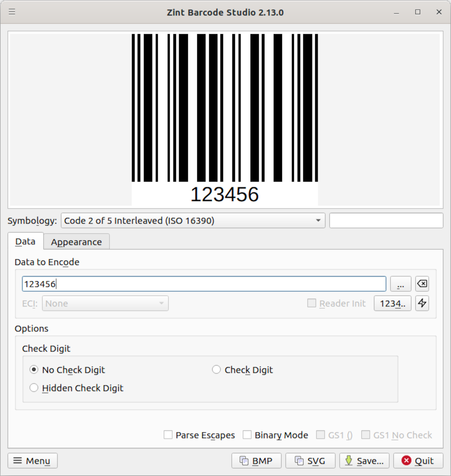 Zint Barcode Studio showing Code 2 of 5 Interleaved settings