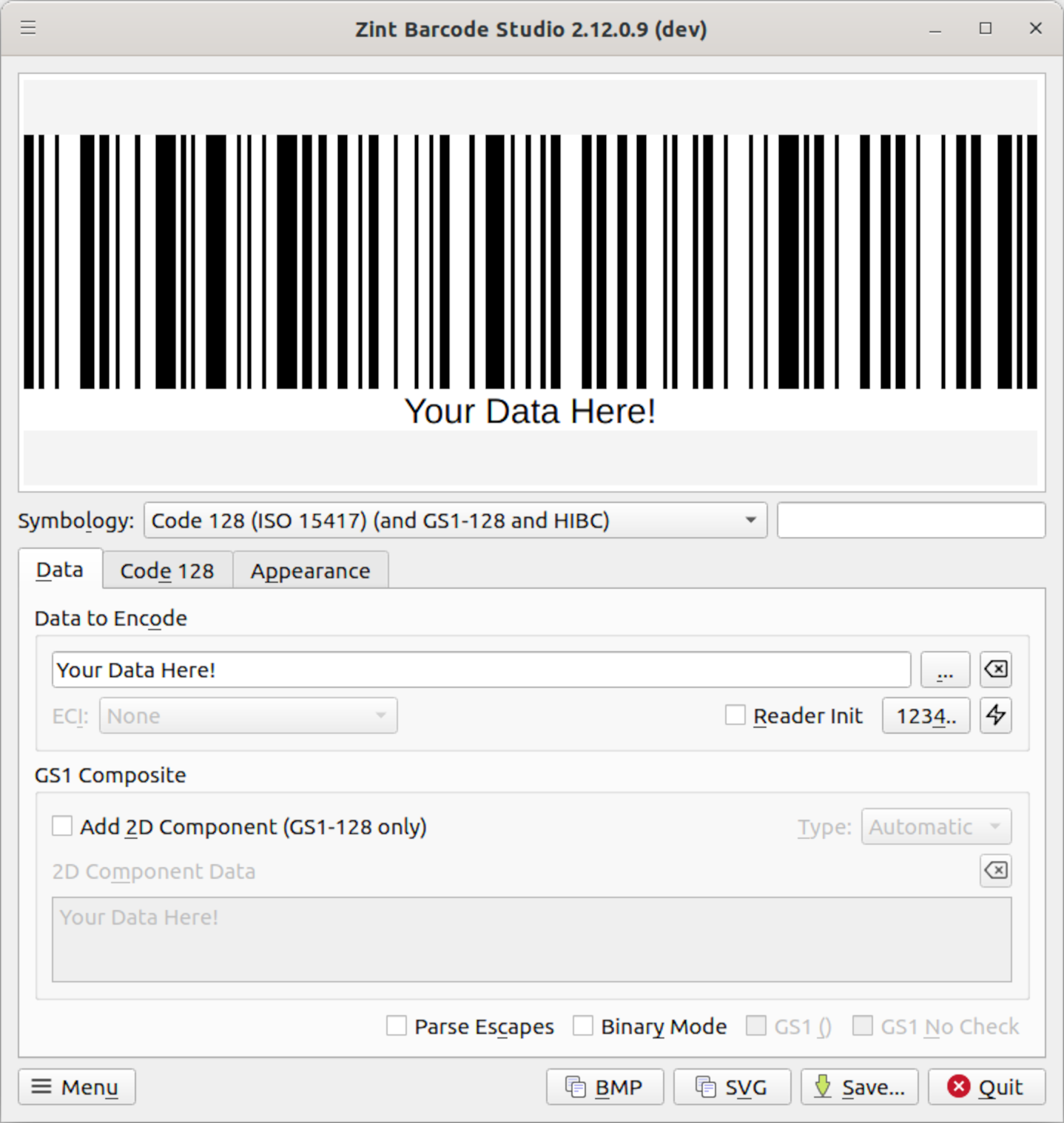 Zint Barcode Studio on startup - main window with Data tab